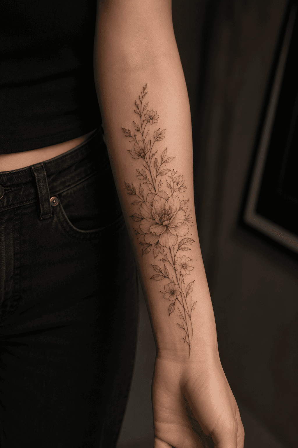 Fine Line Blumen Tattoo am Unterarm