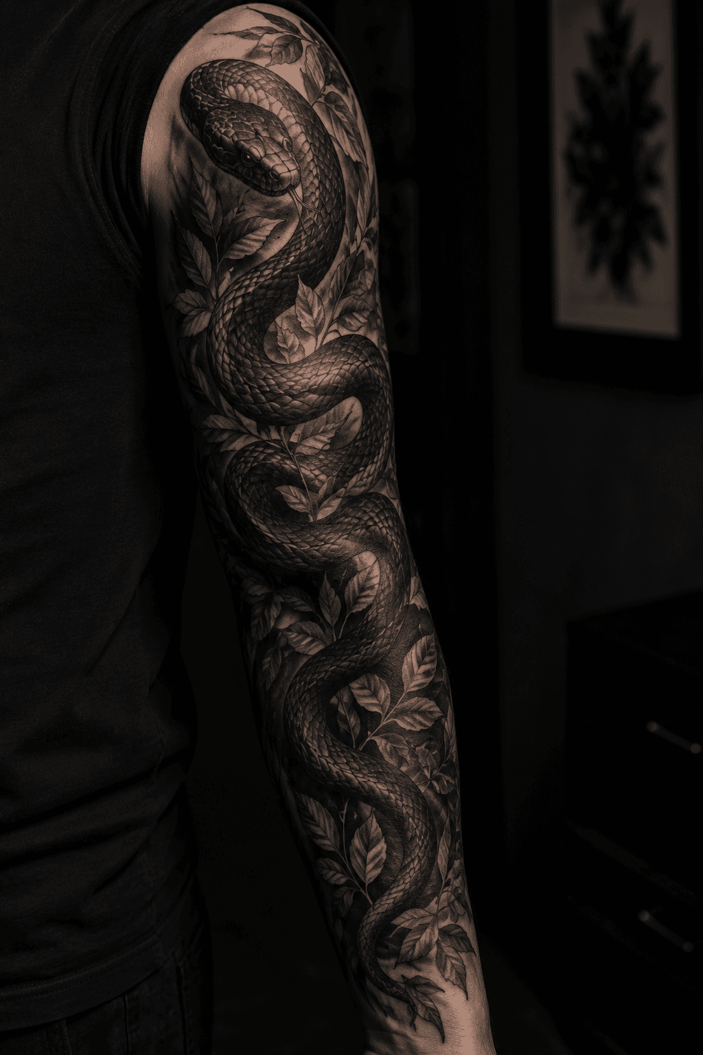 Blackwork Snake Sleeve Tattoo