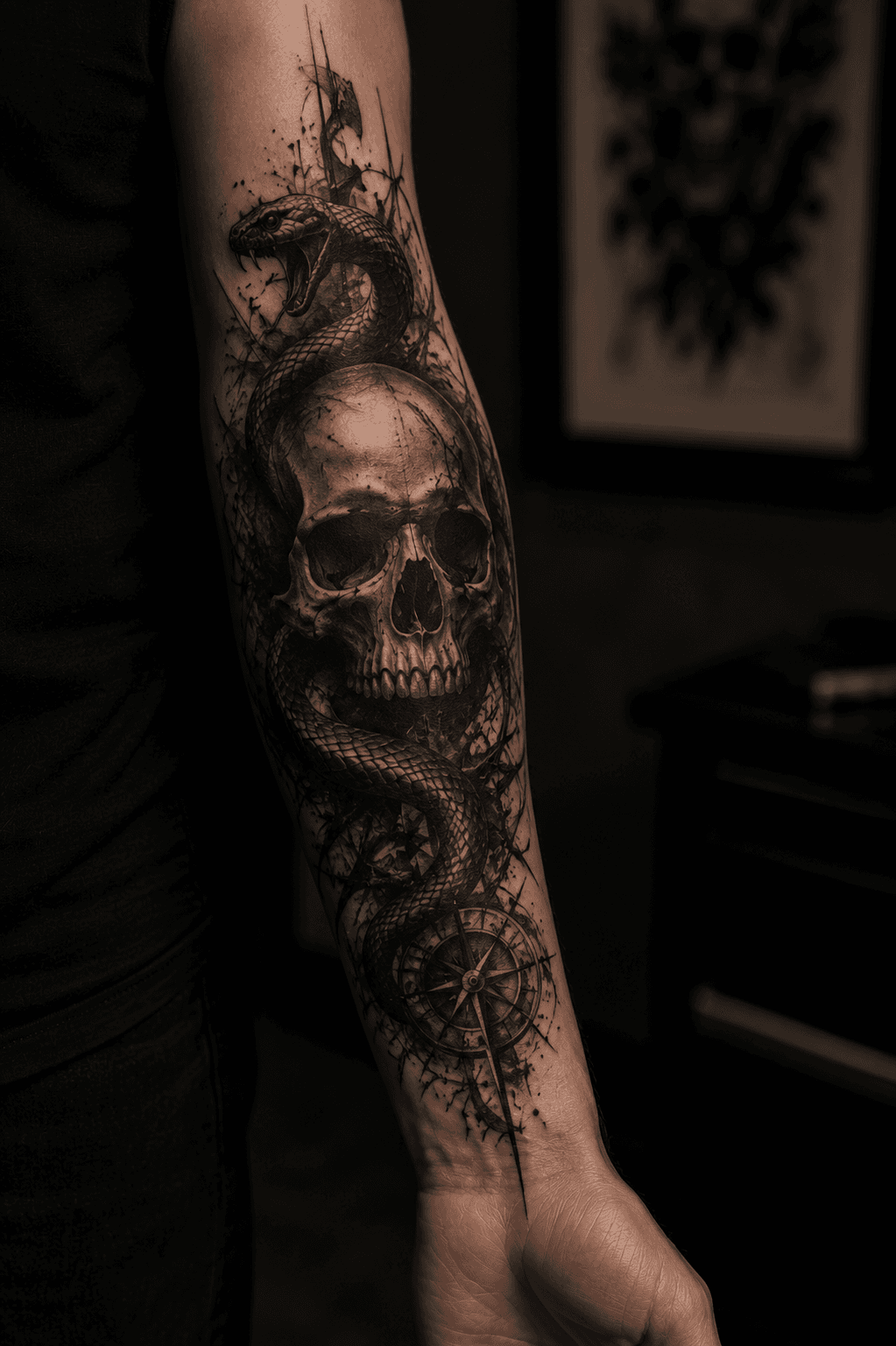 Skull Tattoo mit Schlange am Unterarm