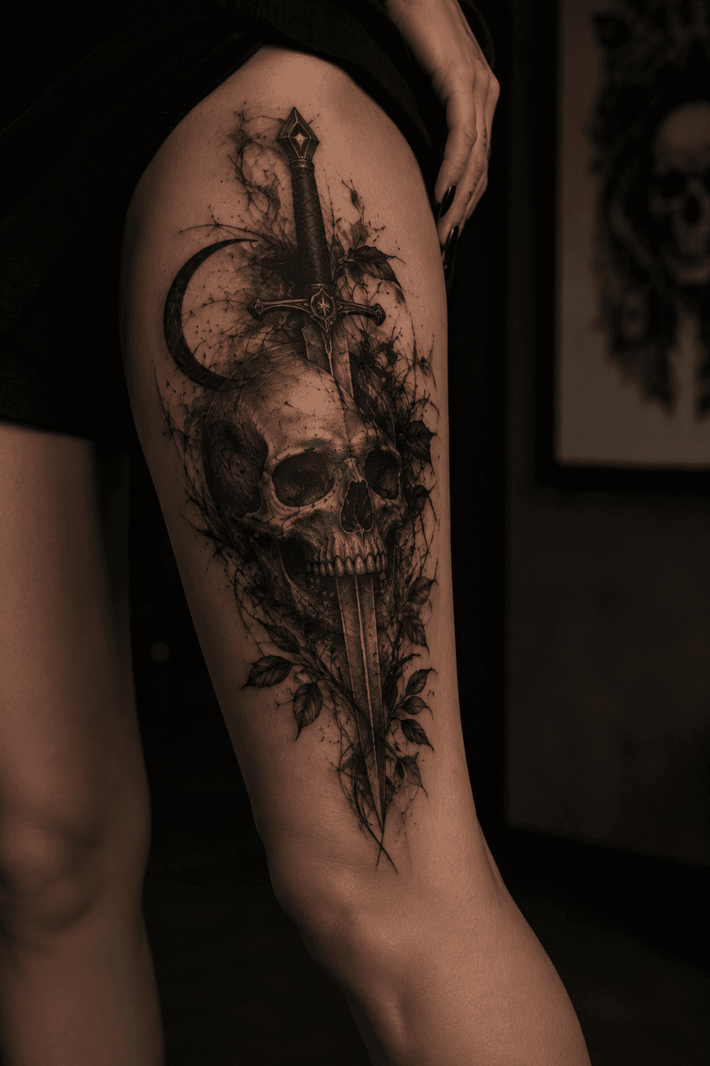 Skull Tattoo am Oberschenkel