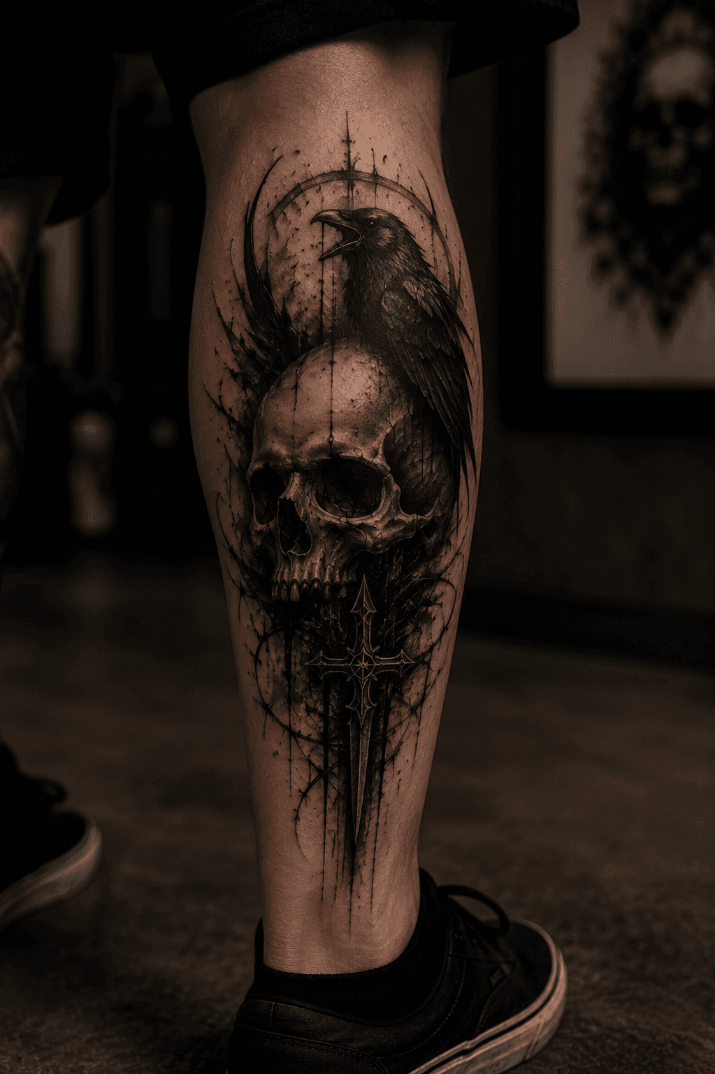 Raven Skull Tattoo am Bein